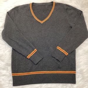 Women’s Grey VNeck Long Sleeves Pullover Ribbed Knit Sweater Yellow Red Stripes